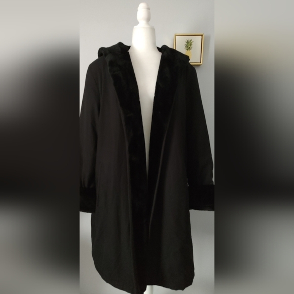 Ensign Women OverCoat Color Black Style  Winter Faux Fur Trim With Hood Pockets